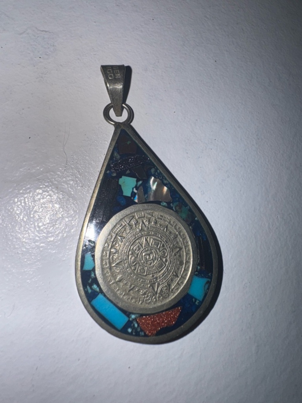 Sterling Silver Teardrop Pendant with Turquoise Inlay and Aztec Medallion